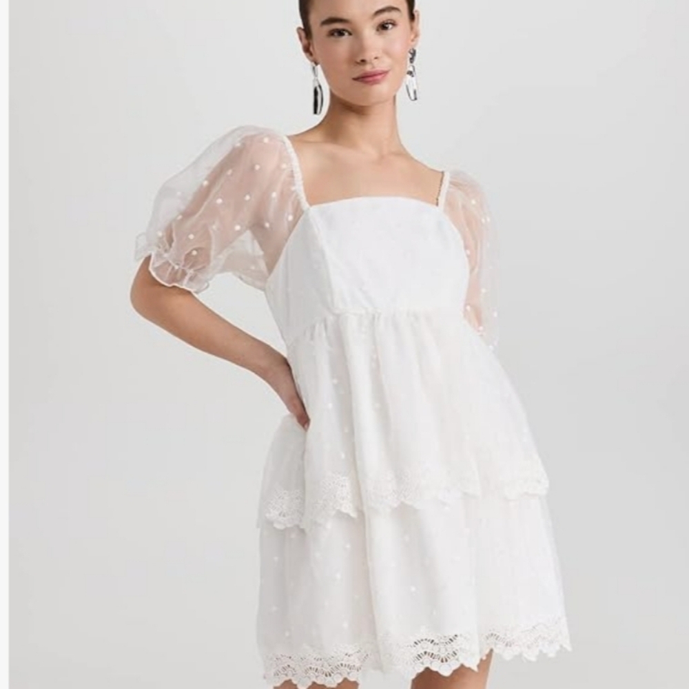 English Factory Womens White Swiss Dot Puff-Sleeve Tierd Mini Dress. Sz XS